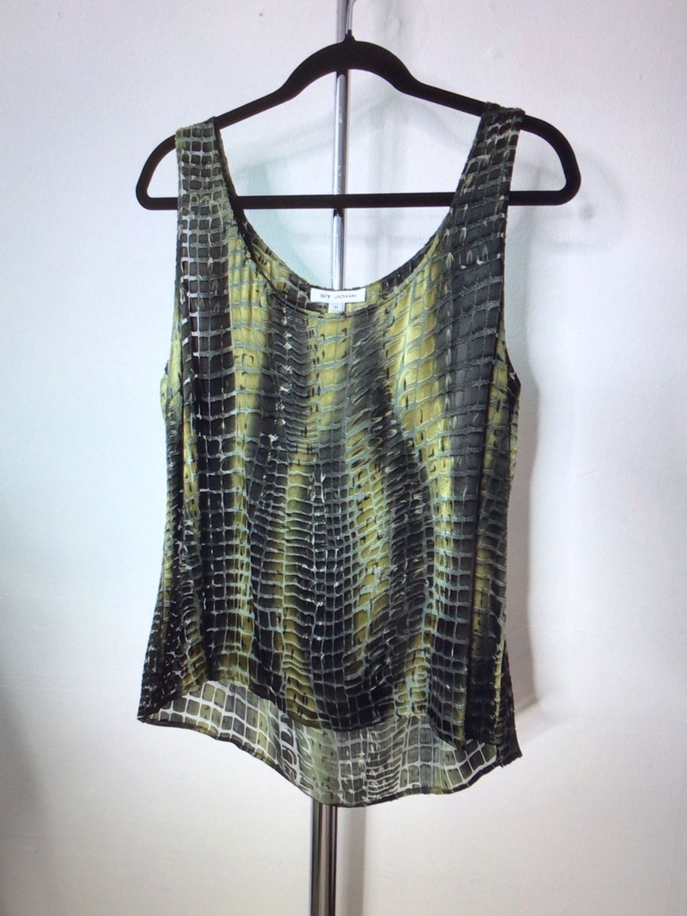 St. John Olive Green and Black Printed Silk Tank